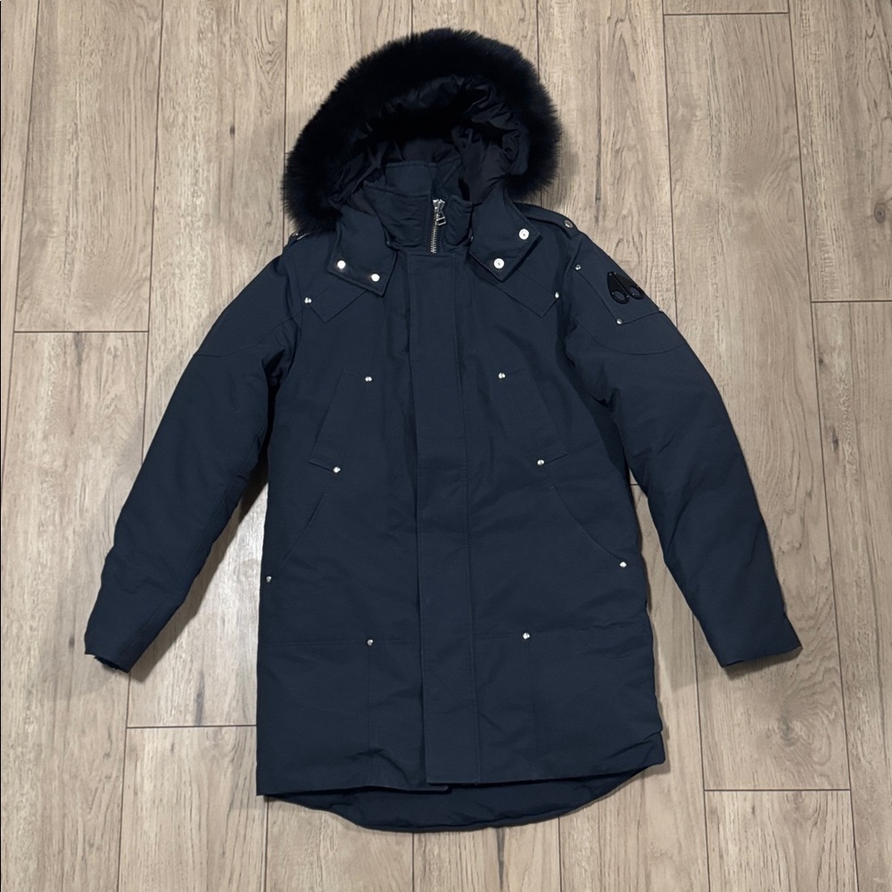 Moose Knuckles Shearling Trim Navy Blue Winter Parka Men’s Medium Authentic